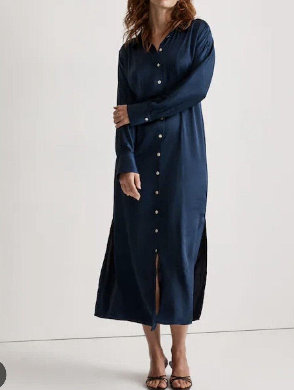 MADEWELL Long Button-Front Navy Satin Shirt Dress-Size:6